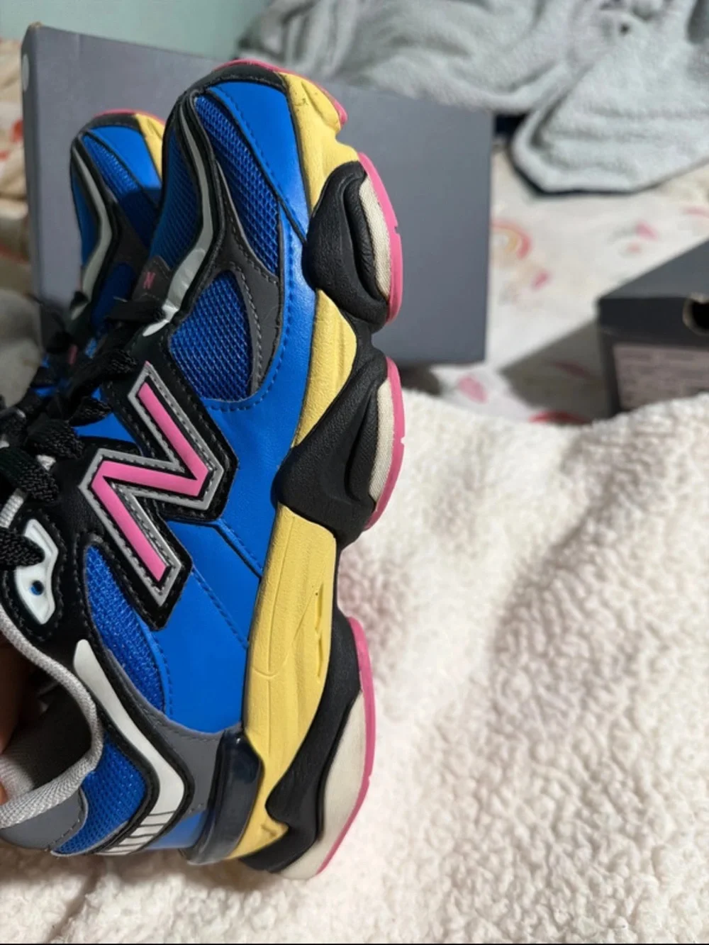 New Balance Kids Royal Blue Sneakers with Pink and Yellow Accents